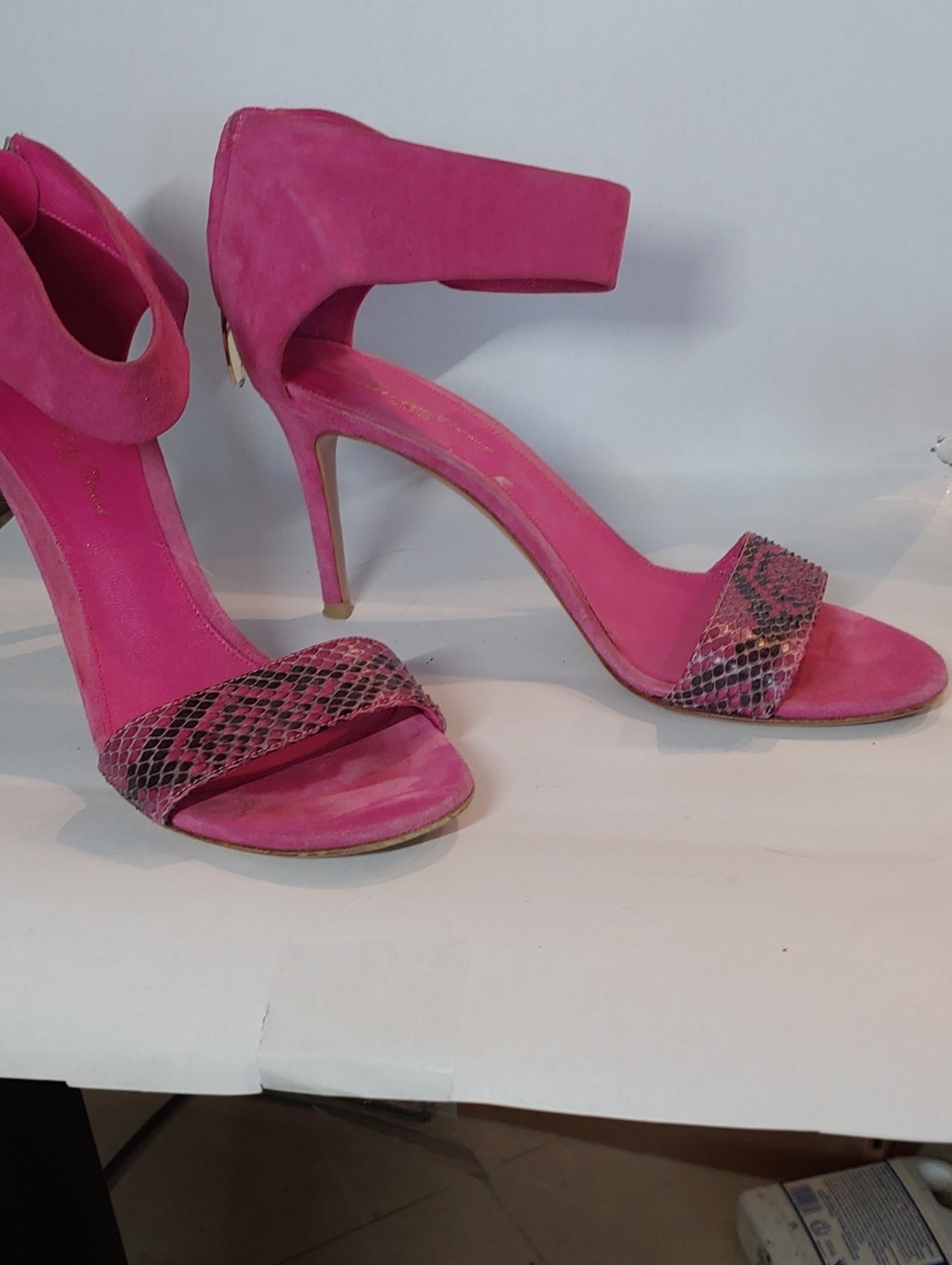 Gianvito Rossi Women's Hot Pink Suede And Snake Ankle Strap High Heel Sandals